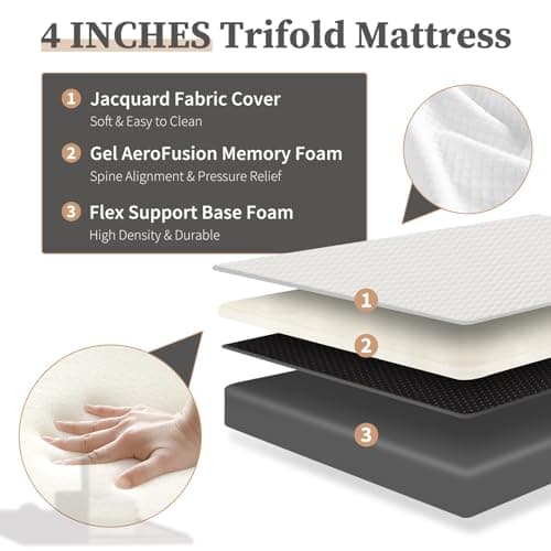 DUMOS 4" Tri-Fold Memory Foam Foldable Mattress, 80"×60"×4", White
