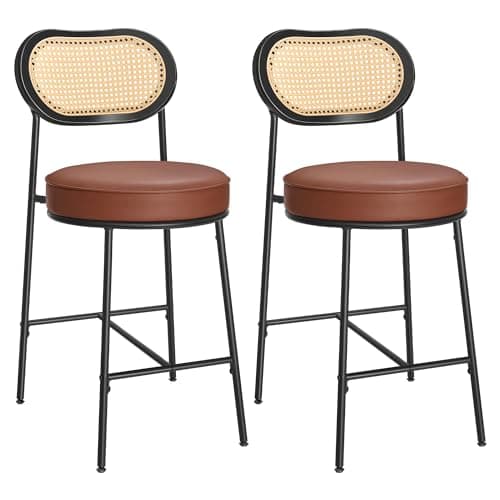 Counter Height Bar Stools Set of 2 with Rattan Back and Leather Upholstery