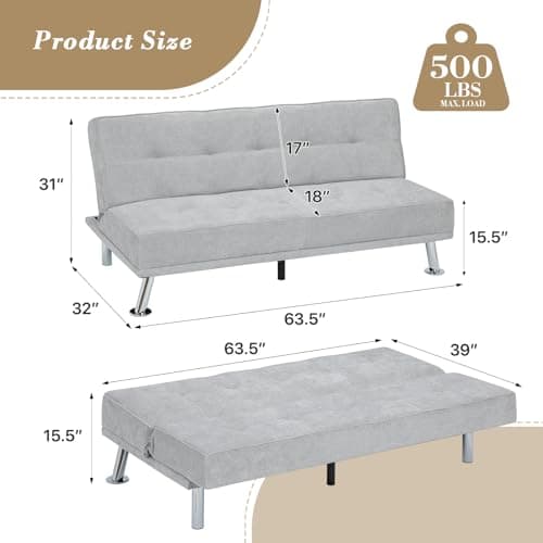 Athena Collection 5 Position Reclining Futon Sofa Bed, Grey Linen Fabric