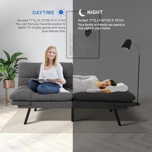 Convertible Memory Foam Futon Sofa Bed with Adjustable Backrest and Armrests, Dark Grey