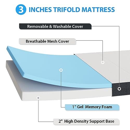 CertiPUR-US Certified 3 Inch Memory Foam Tri-Fold Mattress Topper, Washable Cover, Non-Slip Bottom, Camping & Guest Beds