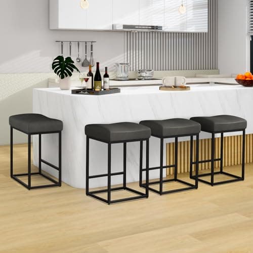 Set of 4 Modern Kitchen Barstools with Metal Base, 25 inch Counter Height, Light Grey PU Leather Saddle Stools