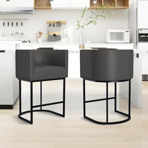 Modern counter height bar stool with backrest and cushion seat.
