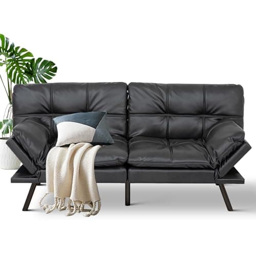 MUUEGM Cognac Memory Foam Futon Sofa Bed for Small Space and Office Use with Adjustable Backrest and Removable Armrests