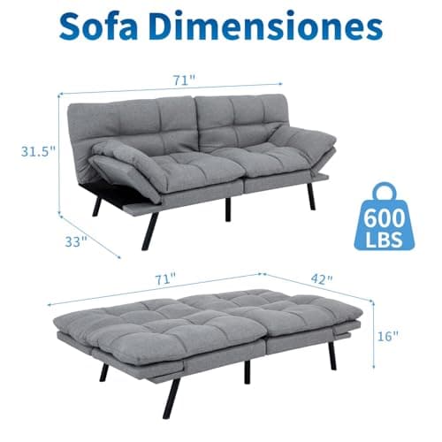 MUUEGM Linen Memory Foam Convertible Sofa Bed, 71", Light Grey, Living Room Sleeper Couch