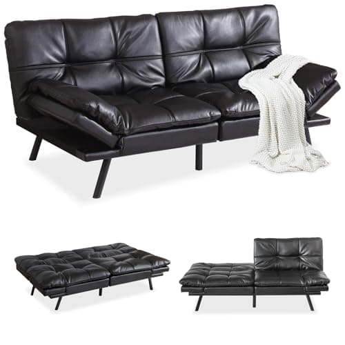 Memory Foam Futon Sofa Bed, Convertible Couch for Compact Spaces, Office and Apartment, Black Faux Leather