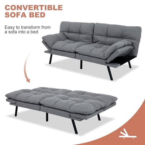 MUUEGM Grey Convertible Futon Sofa Bed, Memory Foam, Adjustable Armrest & Backrest