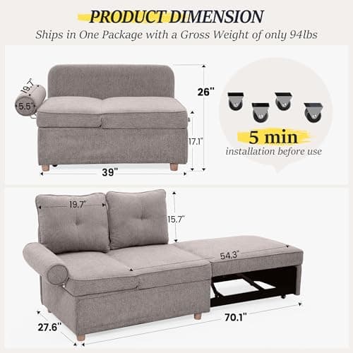 4-in-1 Convertible Couch: Linen Fabric Sleeper Sofa Bed with 2 Pillows & 5 Angle Adjustments