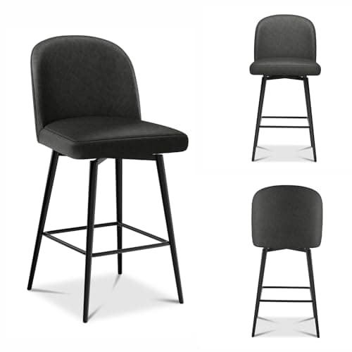 Black Upholstered Bar Stools Set of 3 with 360°Swivel, High Back and Metal Legs