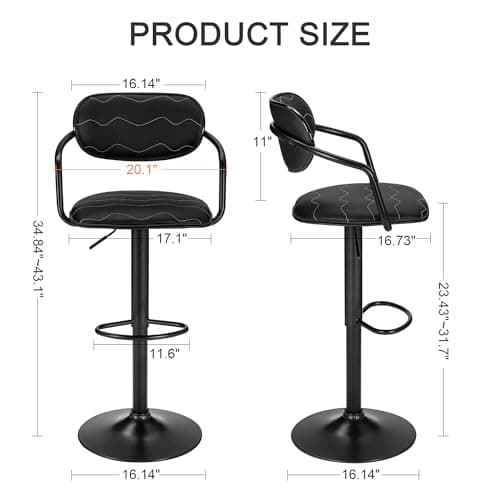 VECELO Counter Height Bar Stool Set, Adjustable with Back & Arm, Black