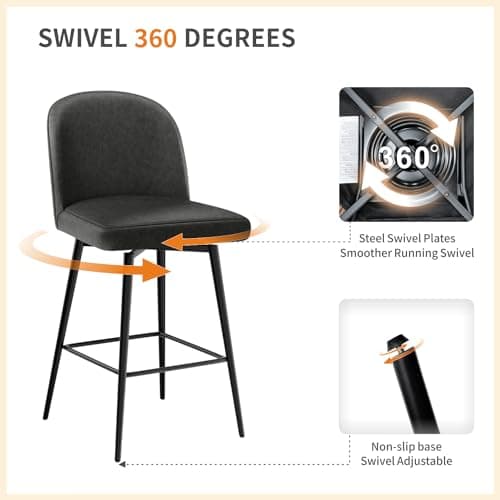 360° Swivel Leather Bar Stools Set of 3, Counter Height Chairs with Metal Legs