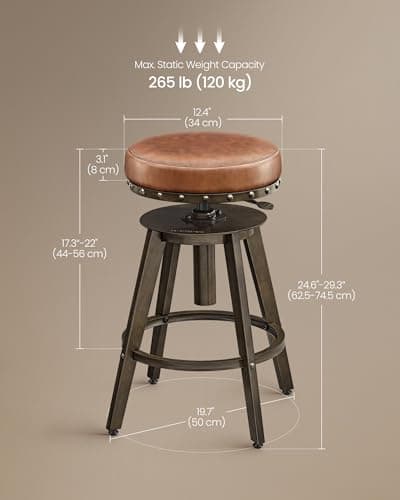 Songmics Steampunk Counter Stools, Set of 2, Adjustable Height, Caramel Brown