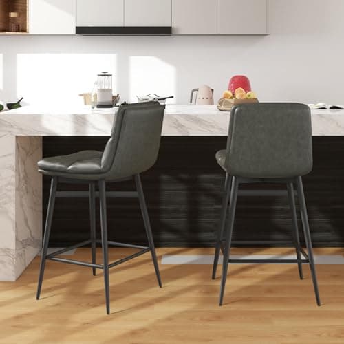 Upholstered Bar Stools Set of 2 with Back and Metal Legs for Kitchen Island - Dark Grey