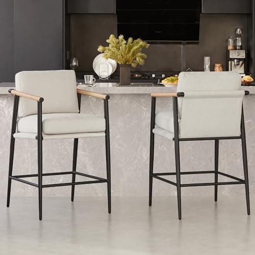 Watson & Whitely Mid Century Modern Barstools, Beige Fabric, 26" H