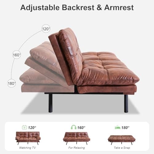 MUUEGM Cognac Memory Foam Futon Sofa Bed for Small Space and Office Use with Adjustable Backrest and Removable Armrests