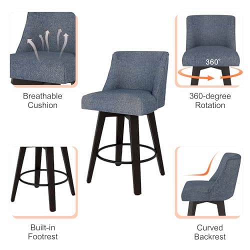 360°Swivel Bar Stools Set of 2 with High Backrest, Denim Blue