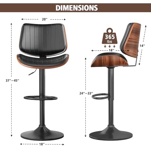 Bentwood Back Bar Stools for Kitchen Island, Set of 2, Black Swivel Seat