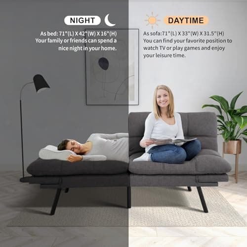 MUUEGM 71-Inch Convertible Memory Foam Futon Sofa Bed with Armrests for Small Spaces - Dark Grey