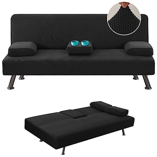 Stretch Futon Sofa Bed Slipcover with Removable Armrests and Cupholders - Grey