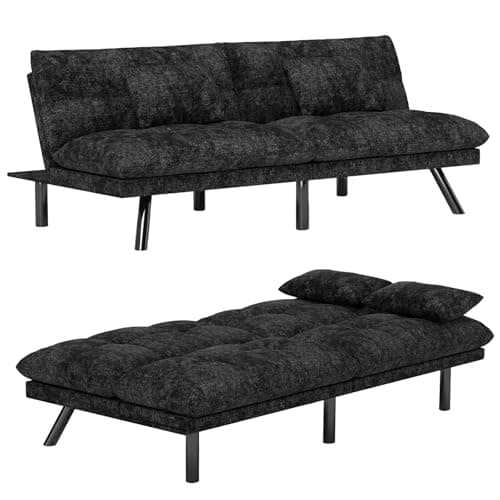 70 Inch Solid Wood Futon Sofa Bed in Black Chenille Fabric