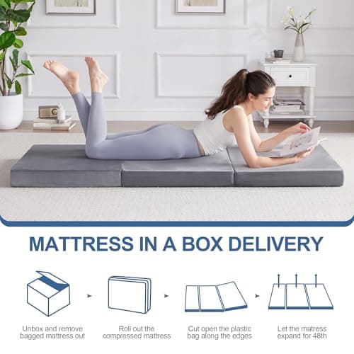Portable 4 Inch Foldable Mattress, Foam Topper, Breathable Velvet Cover, Grey, for Travel and Yoga