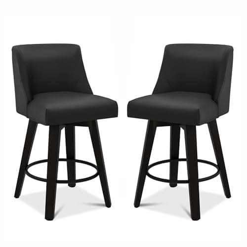 Set of 2 Swivel Bar Stools with Back, 26In Height, Solid Wood Stand, Faux Leather Upholstered, Thicken Cushion Back, Night Black - for MUUEGM Counter Height Audience