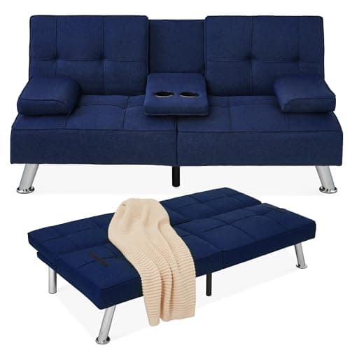 Best Choice Products Reclining Linen Folding Futon Sofa Bed, 2 Cupholders - Black