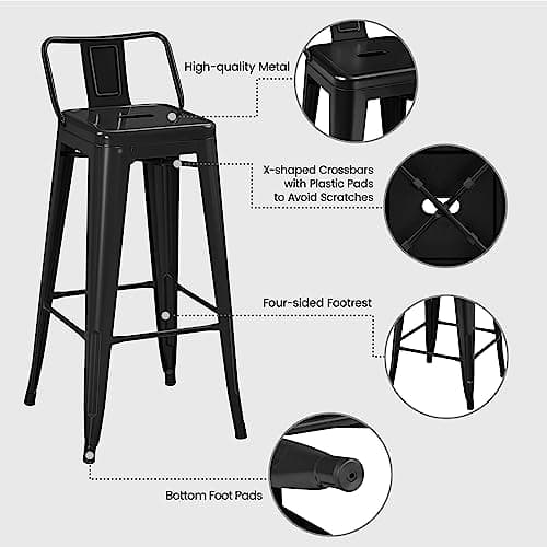 Yaheetech 30 Inch Matte Black Bar Stools Set of 4, Counter Height Kitchen Chairs