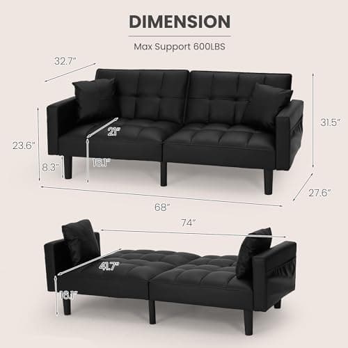 ECOTOUGE Convertible Sofa Bed with Adjustable Back, Black