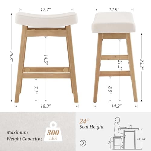 Sturdy Wood Leg Bar Stools, Beige Fabric, Set of 2, 24" Counter Height