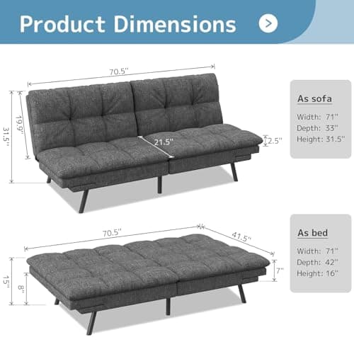 Dark Gray Memory Foam Wood-it Futon Sofa Bed with Adjustable Armrests