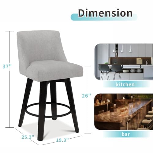 360° Swivel Counter Barstools, 26 Height Kitchen Island Stools Set of 2 with Thicken Cushion Back, Light Grey