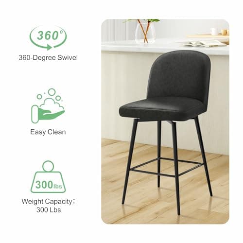 Black Upholstered Bar Stools Set of 3 with 360°Swivel, High Back and Metal Legs