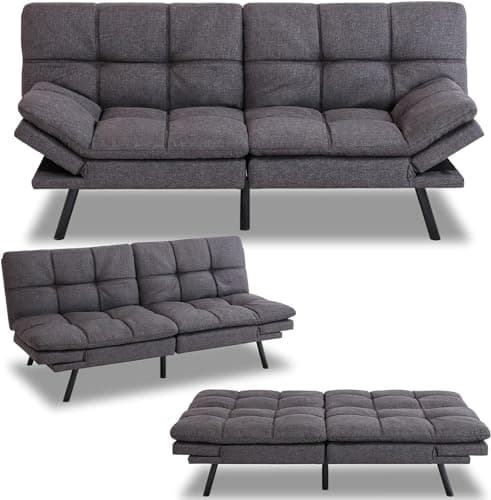 Memory Foam Futon Sofa Bed, Convertible Sleeper Love seat for Living Room, Office, Small Space, Apartment, Dormitory, Adjustable Backrests and Armrests
