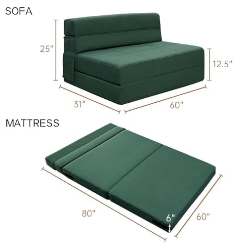 ANONER Queen Size Fold Out Couch Bed with Memory Foam, 2 Pillows, Dark Green