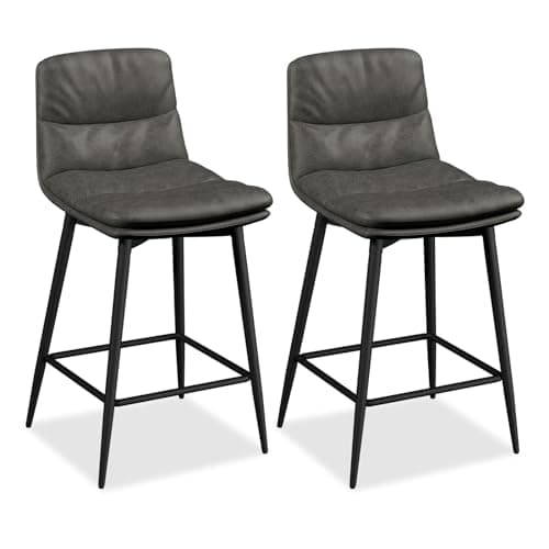 Upholstered Bar Stools Set of 2 with Back and Metal Legs for Kitchen Island - Dark Grey