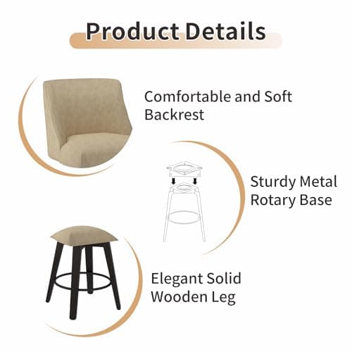 Counter Height Bar Stools Set of 2 with Swivel and Back, 26In Height, Solid Wood Stand, Fabric Upholstered, Thicken Cushion Back, Tan Brown