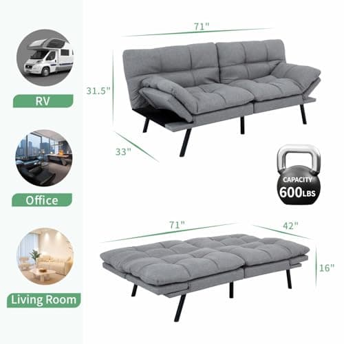 MUUEGM 71" Memory Foam Futon Sofa Bed, Adjustible Backrest, Light Grey Fabric