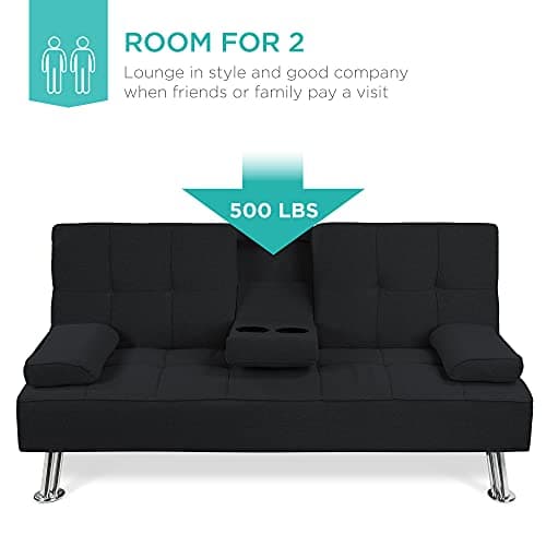 Best Choice Products Reclining Linen Folding Futon Sofa Bed, 2 Cupholders - Black