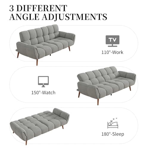 Modern Linen Futon Sofa Bed with Adjustable Backrest, Gray