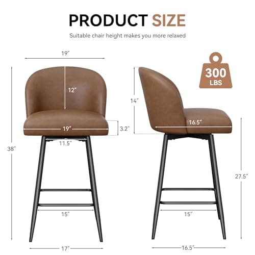 26" High Back Swivel Bar Stools, Set of 2, Yellow Brown, Kitchen Island, Dining Room