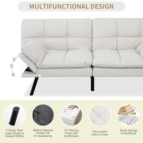 MUUEGM White Convertible Memory Foam Sofa Bed with Adjustable Backrest