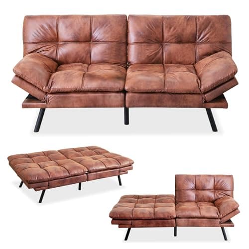 Memory Foam Futon Sofa Bed with Adjustable Backrest and Armrest, Perfect for Living Room, Studios, Apartments, Dormitories, Offices, and Game Rooms in Brown Leather