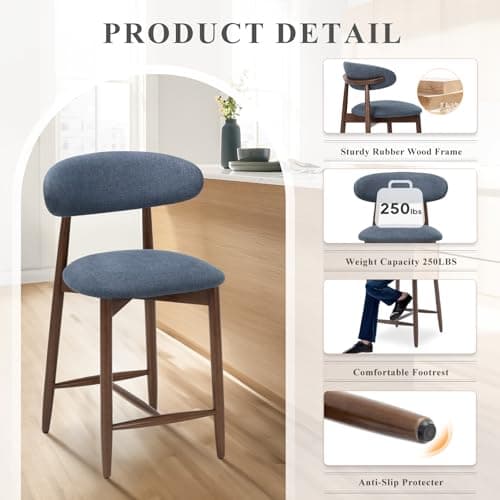 COLAMY Mid Century Modern Blue Wooden Bar Stools, Counter Height, 25" Padded Seat, 250 Lbs Weight Limit