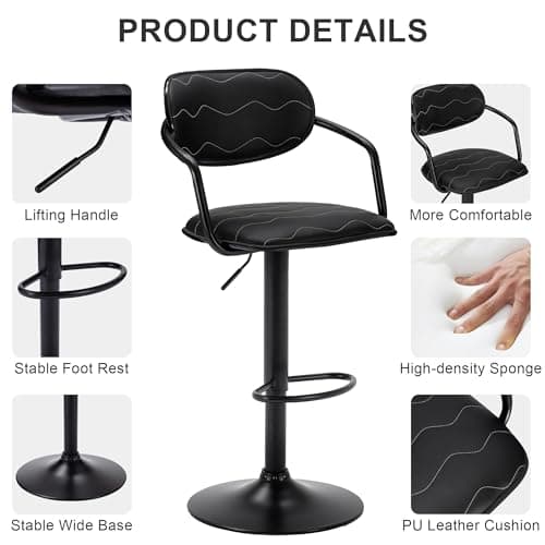 VECELO Counter Height Bar Stool Set, Adjustable with Back & Arm, Black