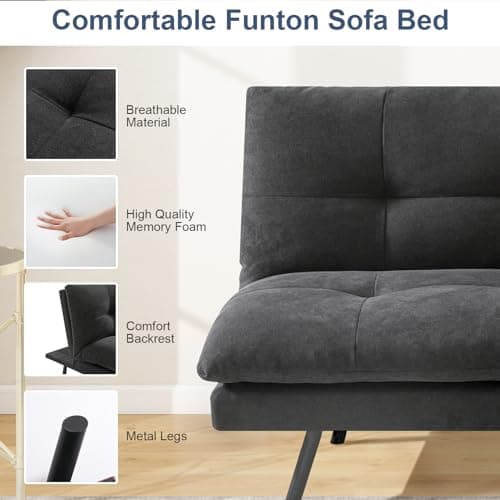 Convertible Memory Foam Futon Sofa Bed - Adjustable Backrest, Gray to Black