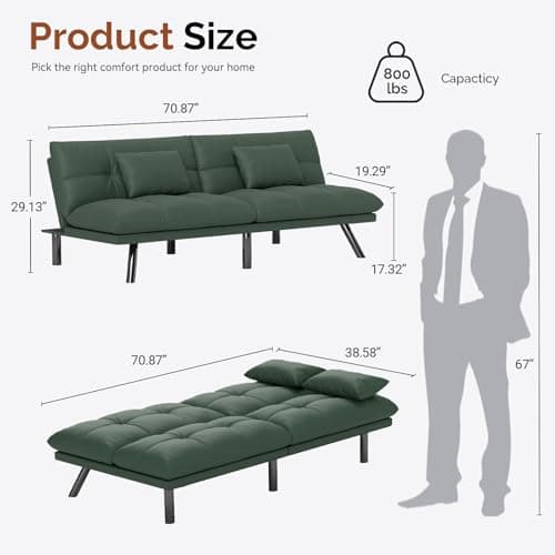 70 Inch Water-Resistant Deep Green Futon Couch Bed for Living Room