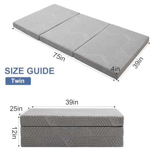 4 Inch Memory Foam Trifold Folding Bed Mattress Twin Grey