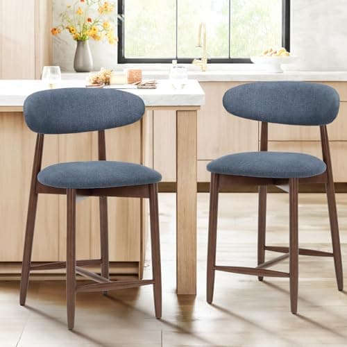 COLAMY Mid Century Modern Blue Wooden Bar Stools, Counter Height, 25" Padded Seat, 250 Lbs Weight Limit