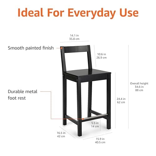 Amazon Basics Black Wooden Bar Stool with Backrest, 24", Set of 2